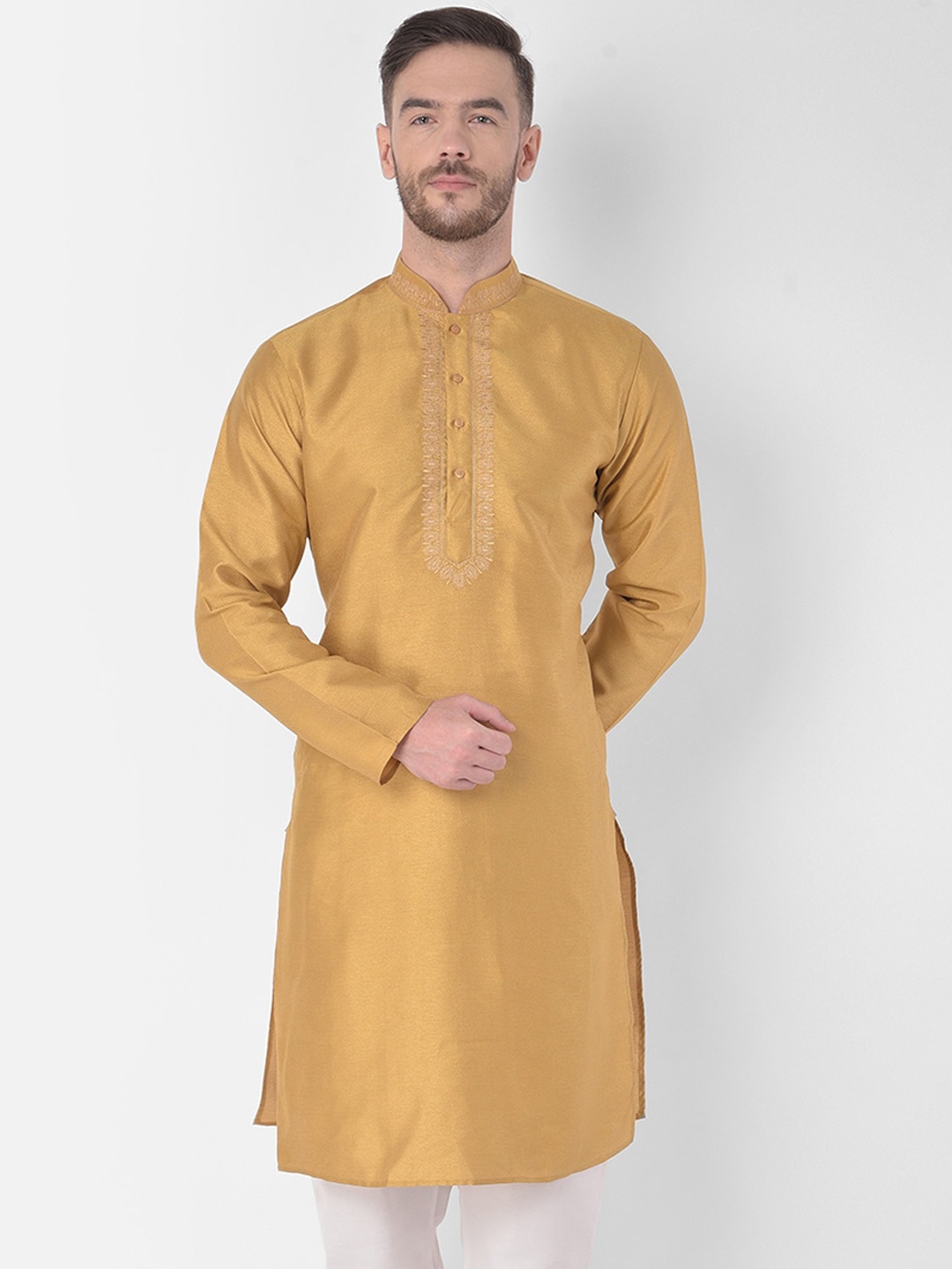 

SG LEMAN Men Gold-Toned & khaki Thread Work Raw Silk Handloom Raw Silk Kurta