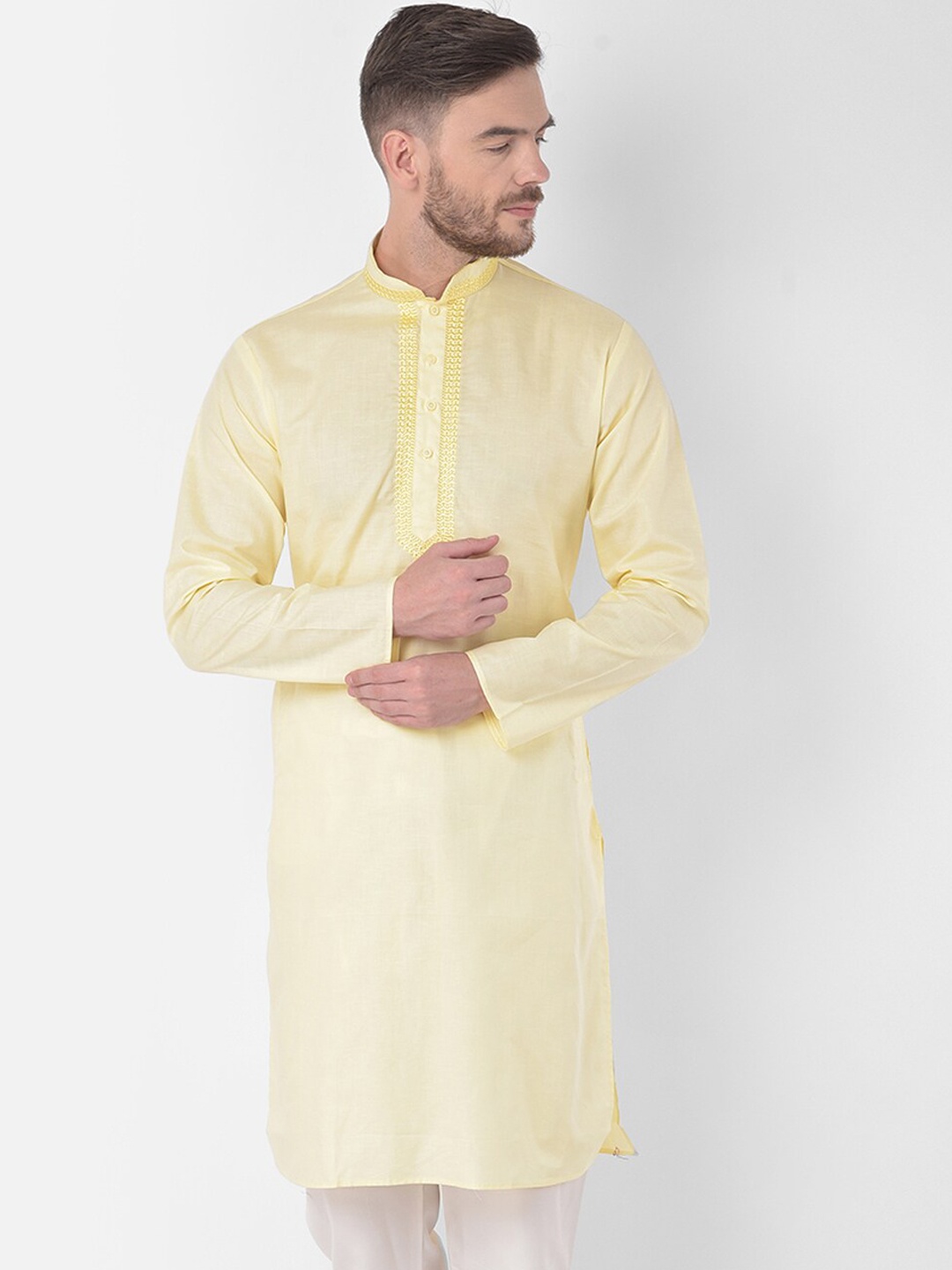 

SG LEMAN Men Yellow Thread Work Handloom Kurta