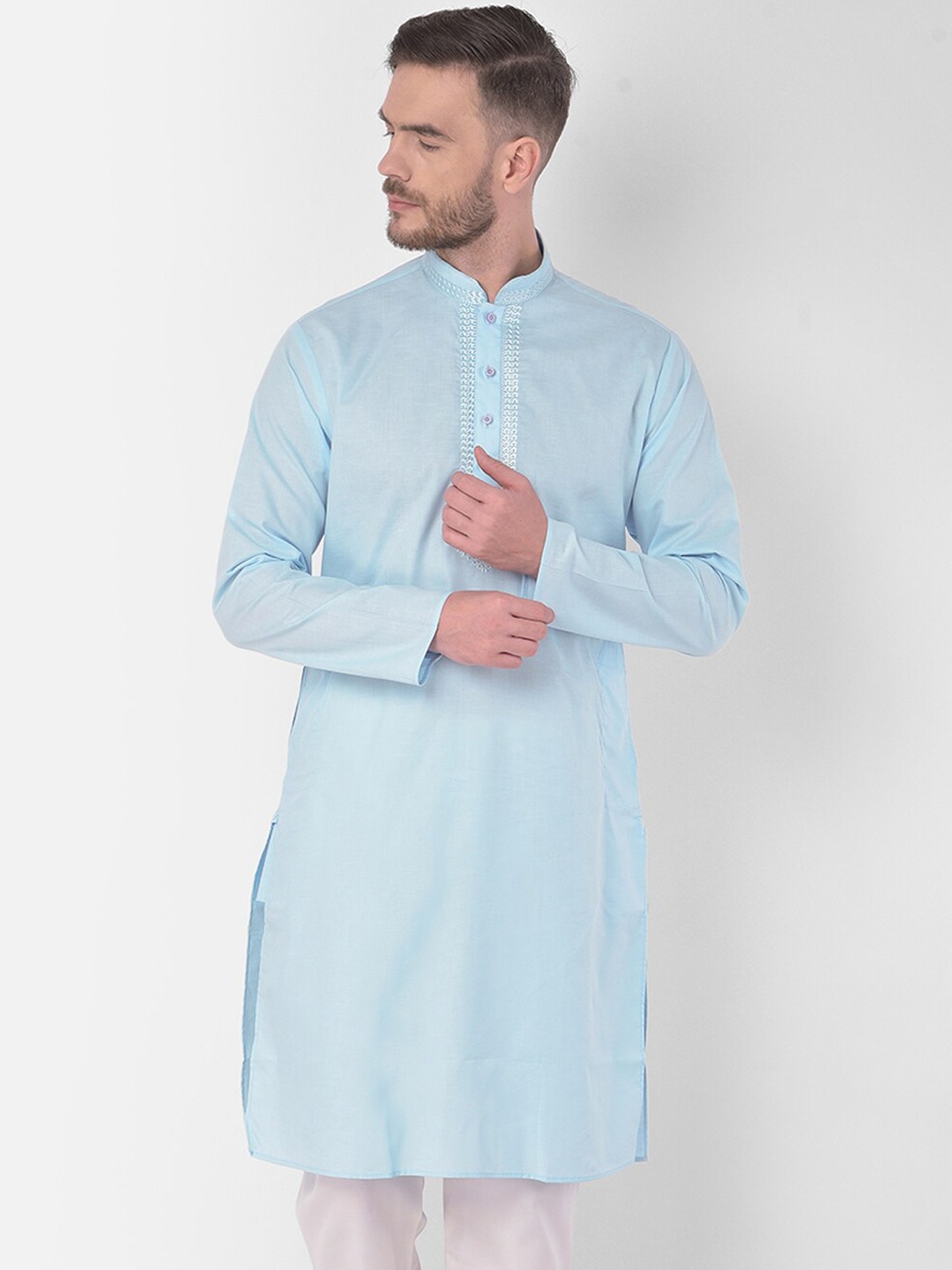 

SG LEMAN Men Turquoise Blue Handloom Kurta