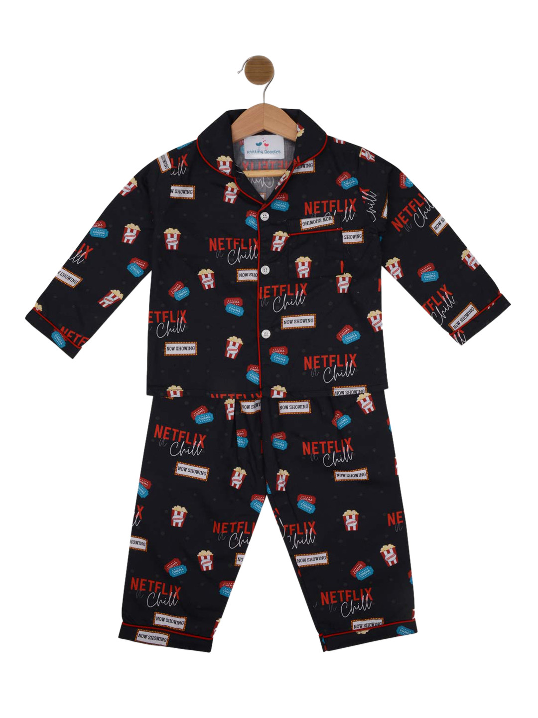 

Knitting Doodles Unisex Kids Black & Red Printed Night Suit