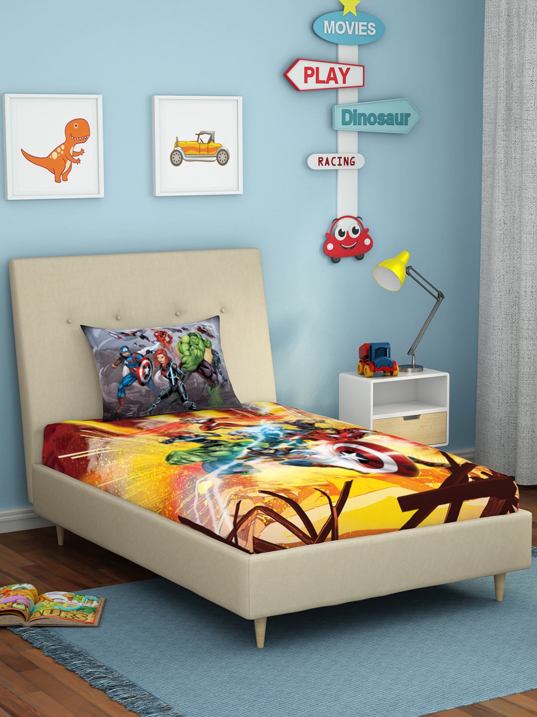 

SPACES Yellow & Red Cartoon Characters 180 TC Single Bedsheet with 1 Pillow Covers