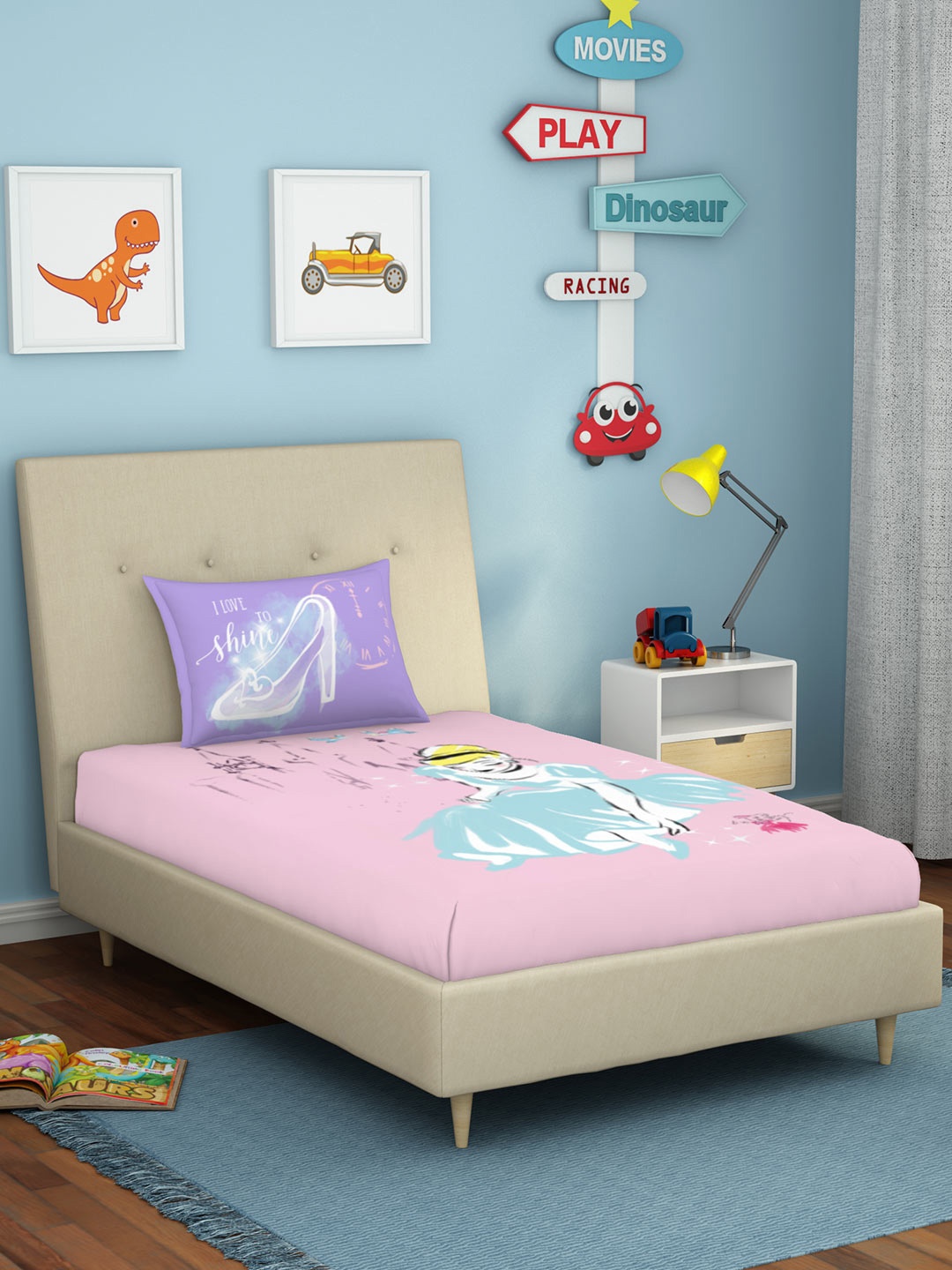 

SPACES Kids Purple & Grey Disney Jasmine 180 TC Cotton Single Bedsheet with 1 Pillow Covers, Pink