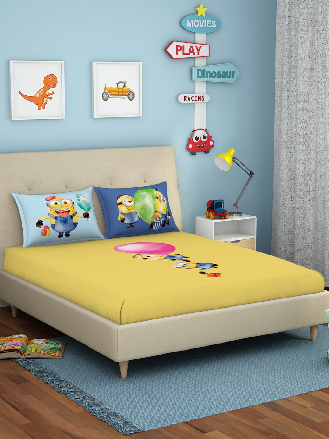 

SPACES Kids Yellow Cartoon Character Printed 180 TC Sustainable Double Bedsheet with 1 Pillow Covers