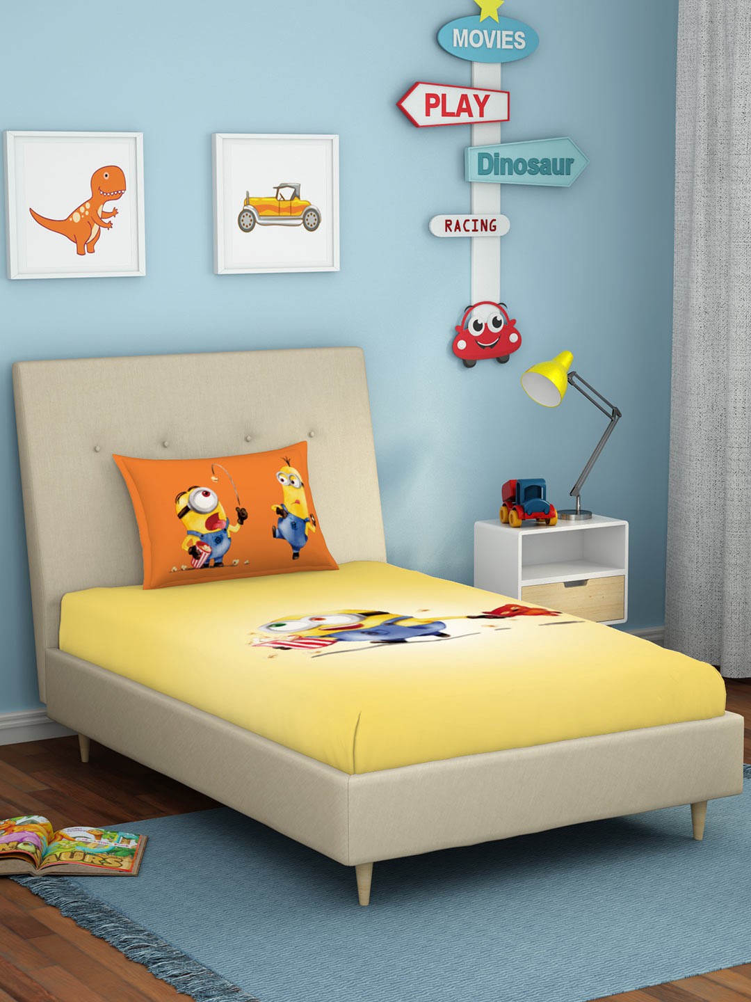 

SPACES Yellow & Orange Cartoon Characters 180 TC Single Bedsheet with 1 Pillow Covers