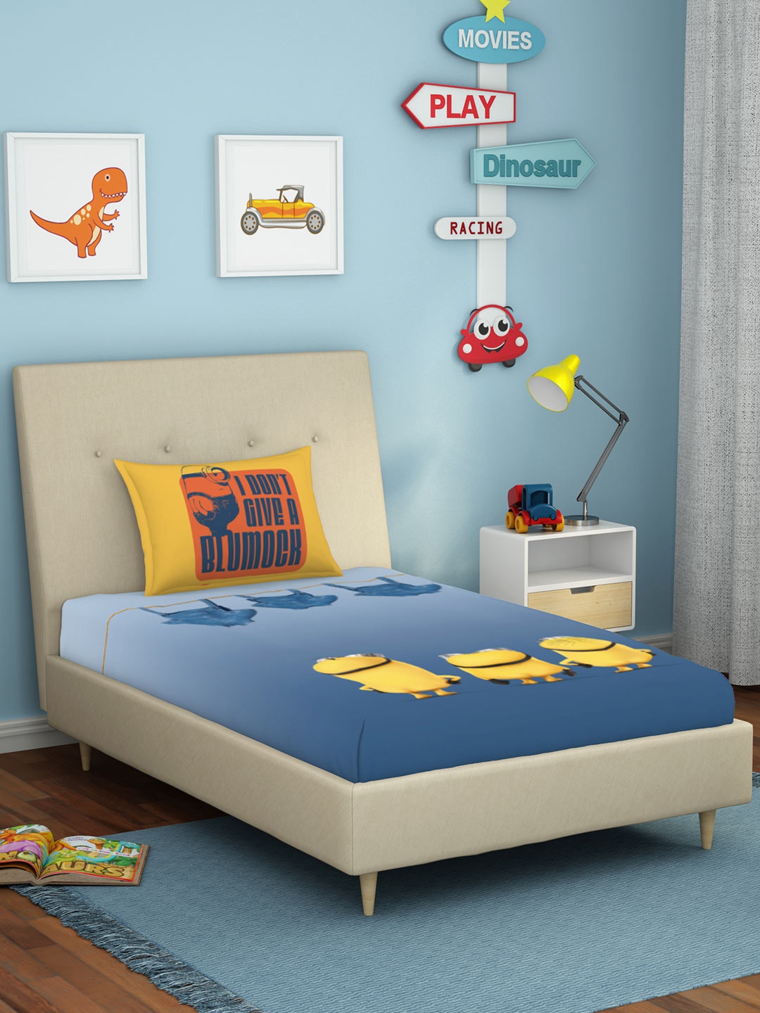 

SPACES Kids Blue & Yellow Cartoon Characters 180 TC Single Bedsheet with 1 Pillow Covers