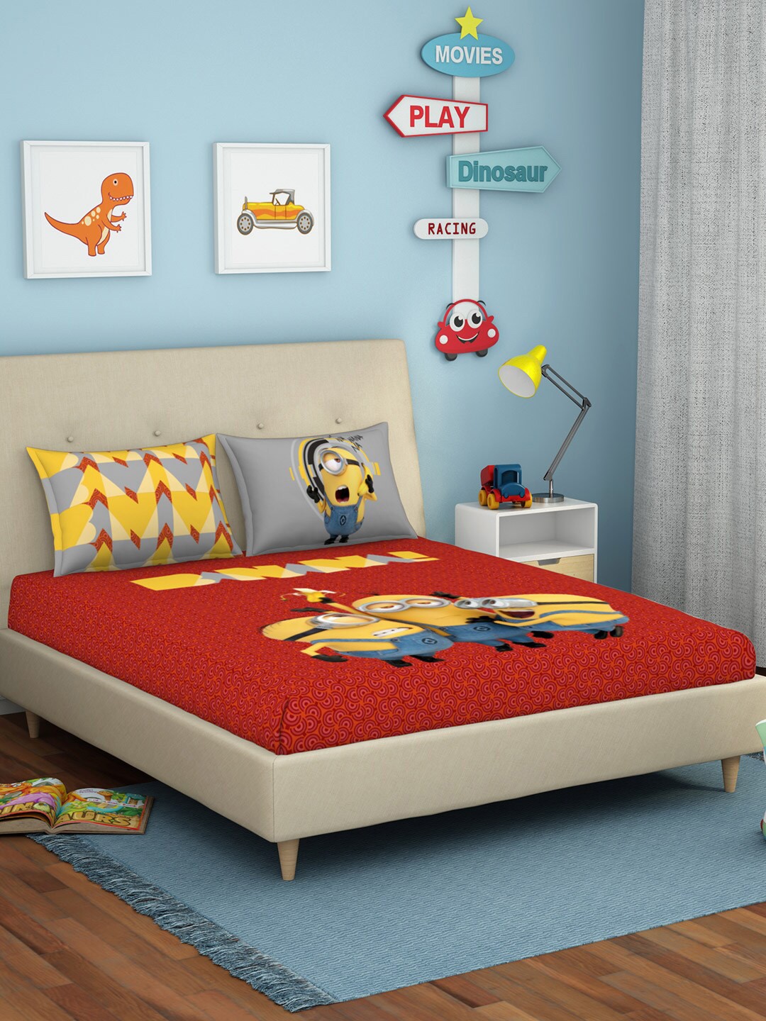 

SPACES Red & Yellow Cartoon Characters 180 TC Cotton Queen Bedsheet with 2 Pillow Covers