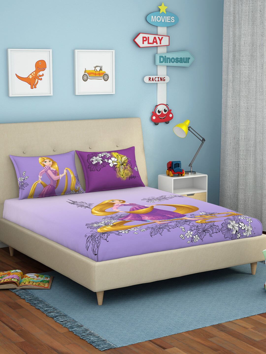 

SPACES Kids Pink & Yellow Disney Princess 180 TC Cotton Queen Bedsheet with 2 Pillow Covers, Purple