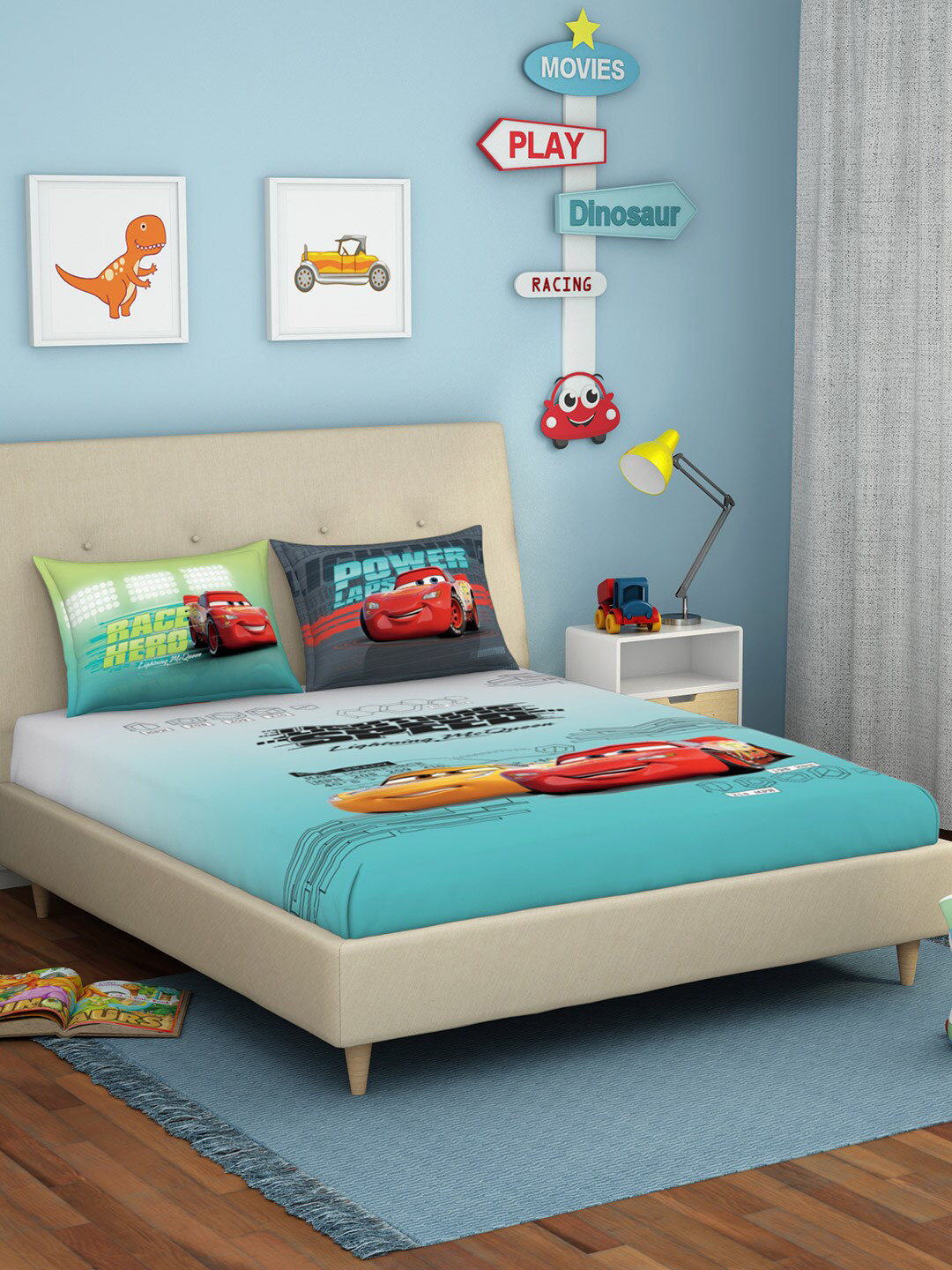 

SPACES Kids Teal & Red Cars 180 TC Pure Cotton Double Queen Bedsheet With 2 Pillow Covers