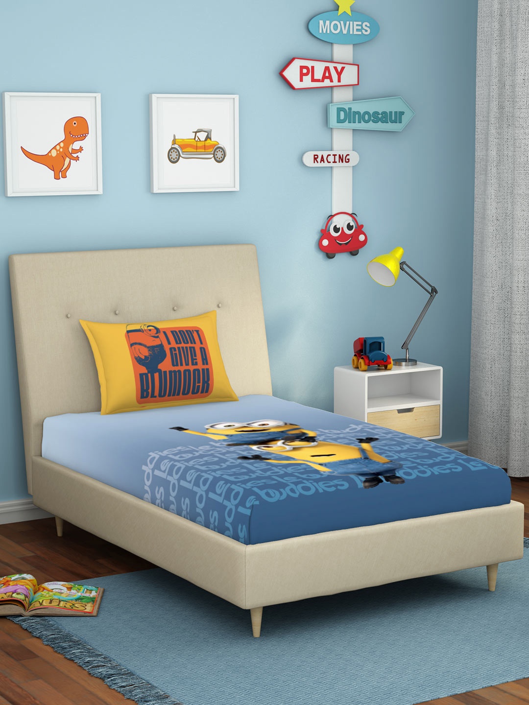 

SPACES Pure Cotton Blue & Yellow Minions 180 TC Single Bedsheet with 1 Pillow Covers Set