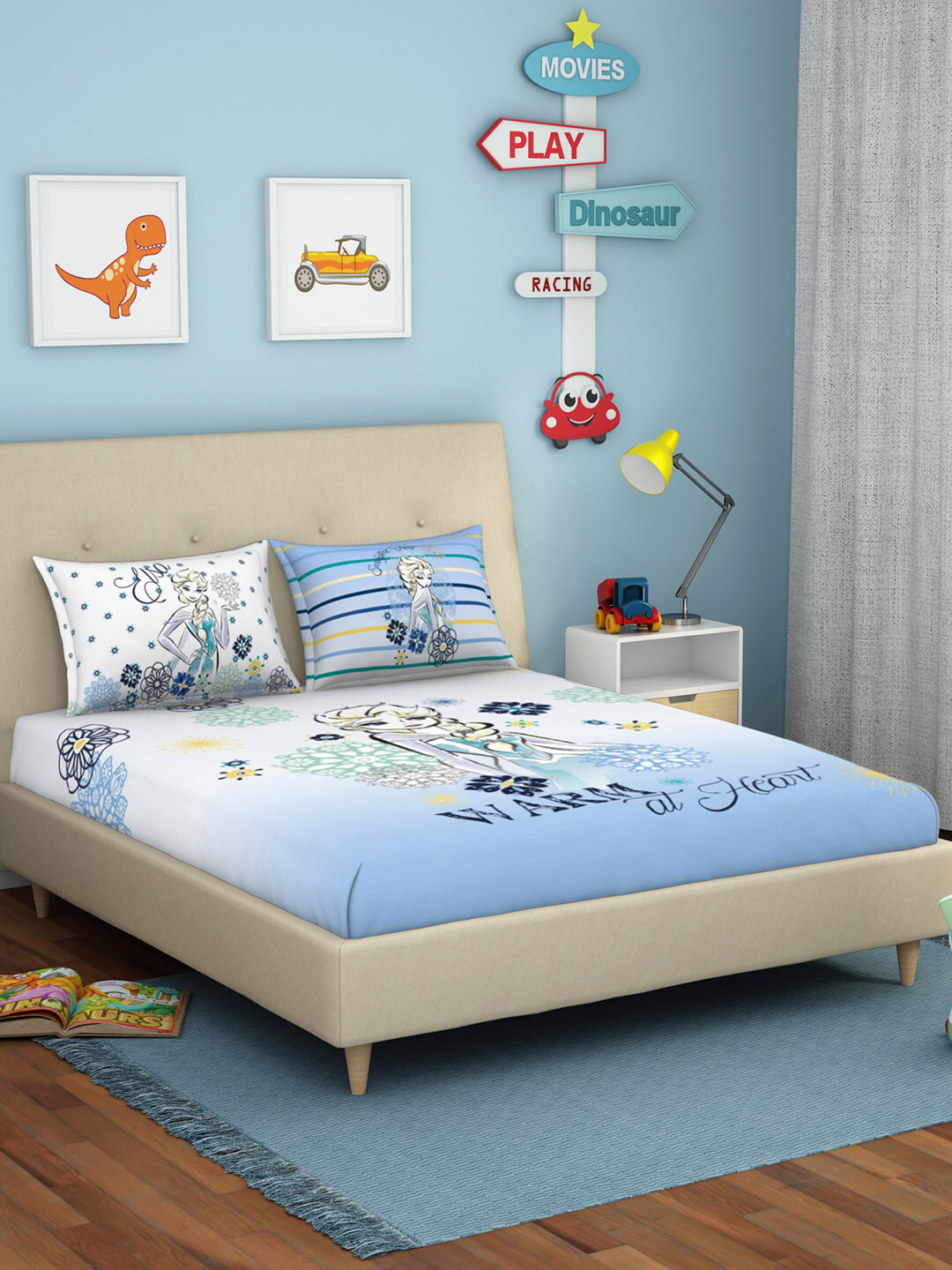 

SPACES Kids Pure Cotton Disney Cars 180 TC Single Bedsheet with 1 Pillow Covers Set, Blue
