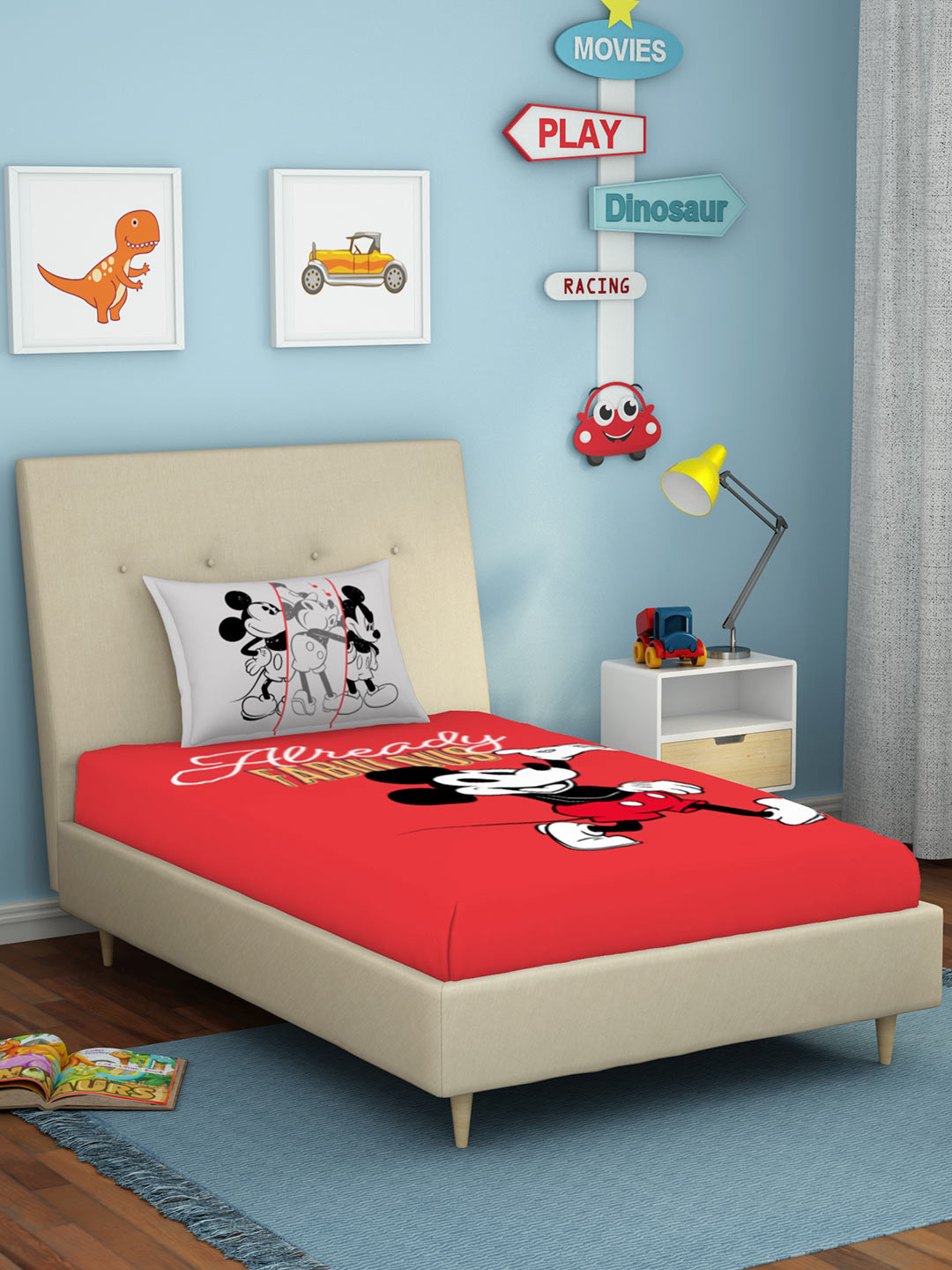 

SPACES Kids Red & White Mickey Mouse 180 TC Pure Cotton 1 Bedsheet With 1 Pillow Cover
