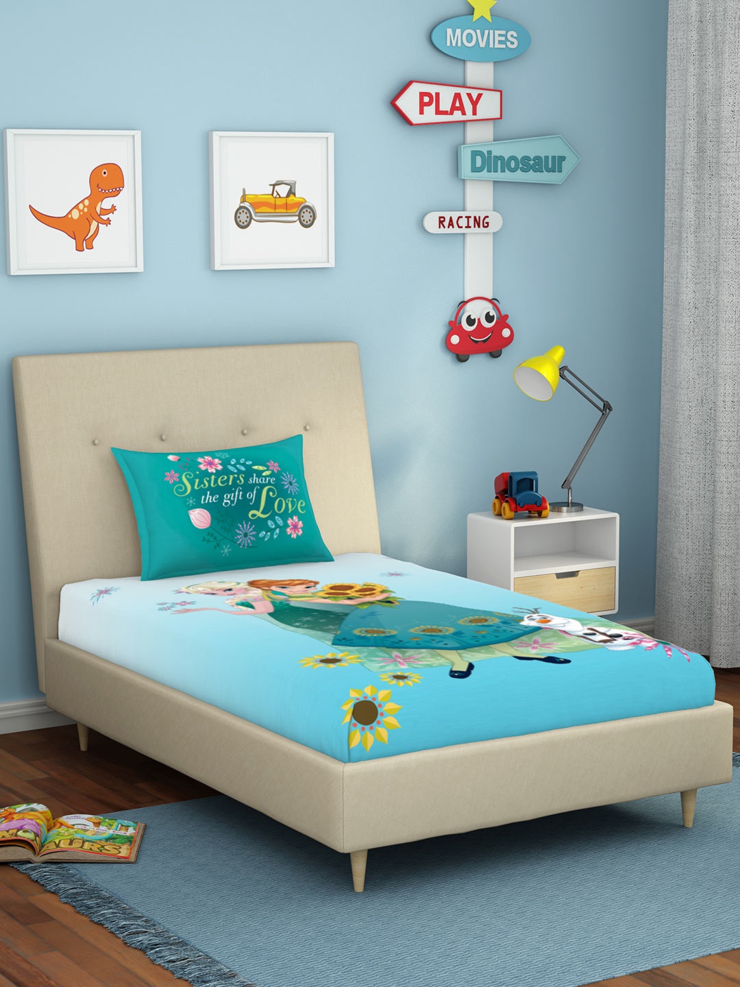 

SPACES Kids Blue & White Disney Frozen 180 TC Pure Cotton Single Bedsheet with 1 Pillow Covers, Sea green