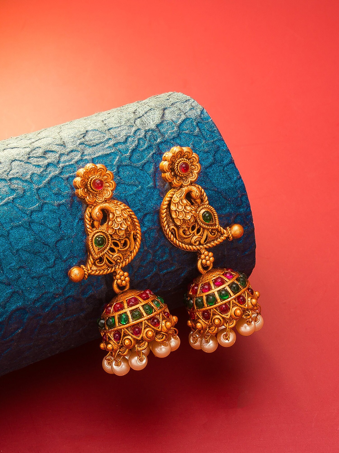 

aadita Gold Plated Green & Pink Peacock Shaped Jhumkas Earrings