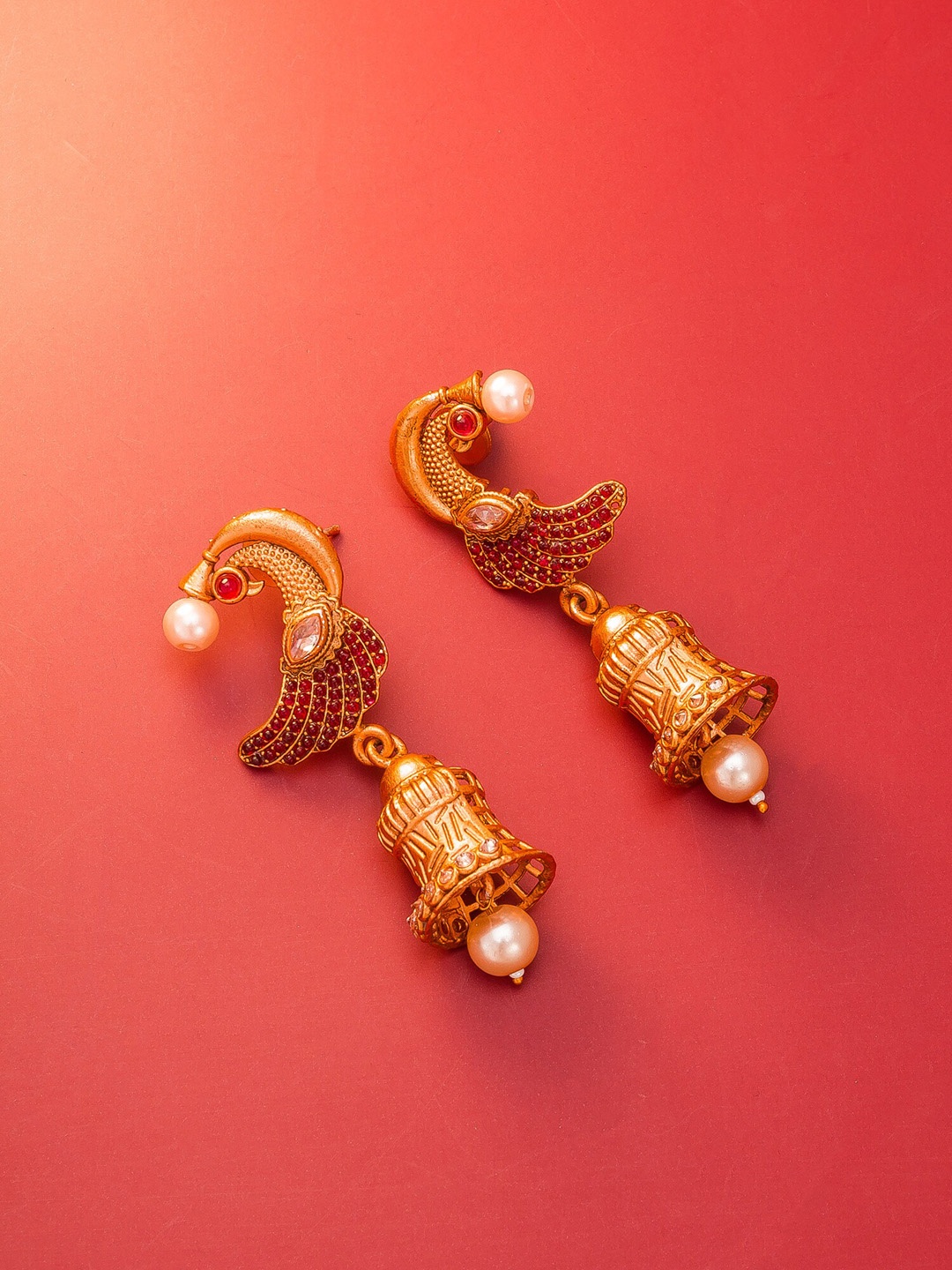 

aadita Gold-Plated & Pink Handcrafted Peacock Shaped Jhumkas