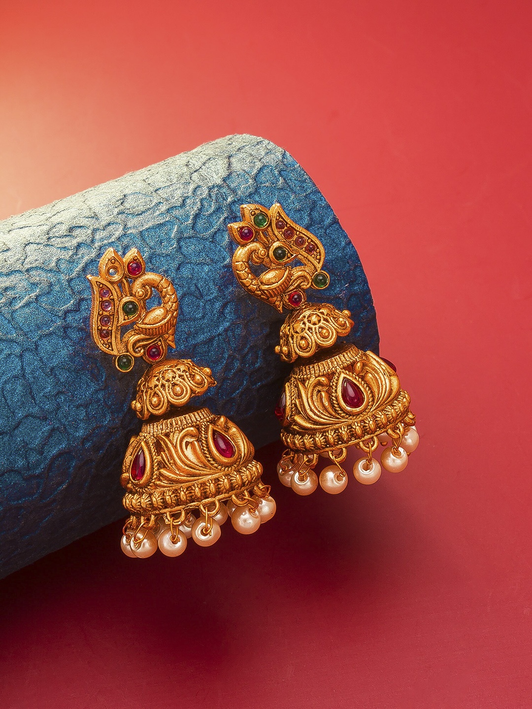 

aadita Gold Plated Pink & Gold Peacock Shaped Jhumkas Earrings