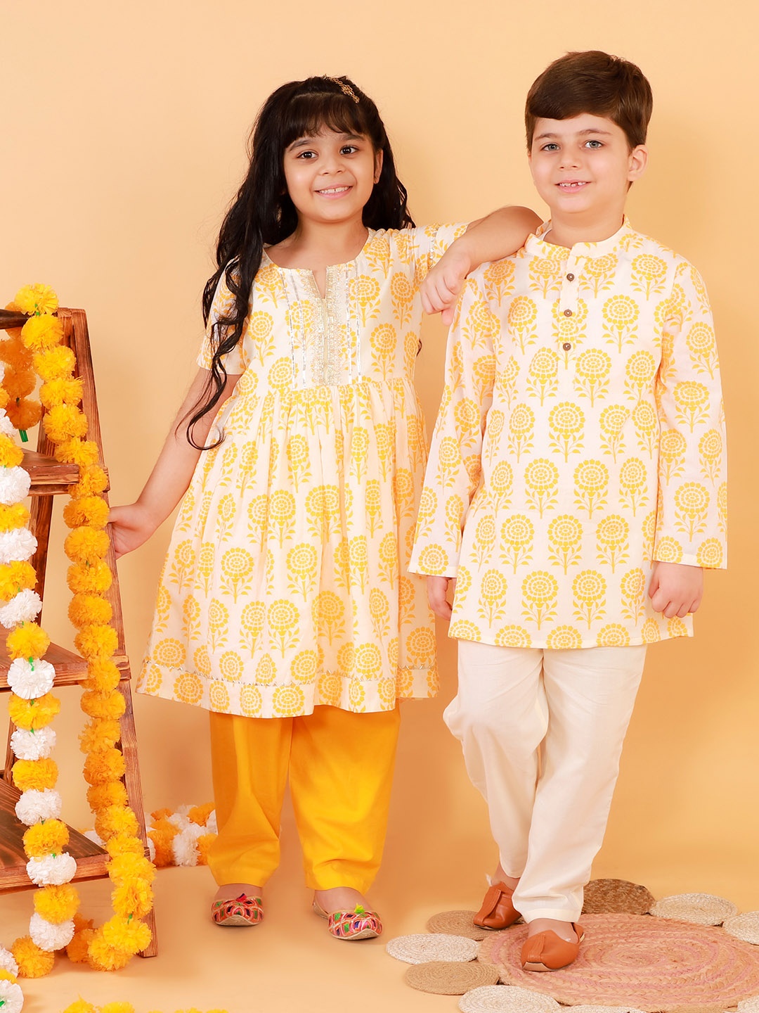 

LIL DRAMA Boys Yellow Ethnic Motifs Printed Kurta