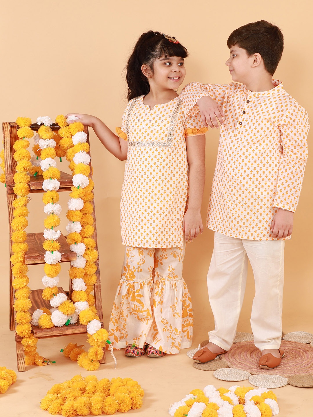 

LIL DRAMA Boys Orange Ethnic Motifs Printed Kurta