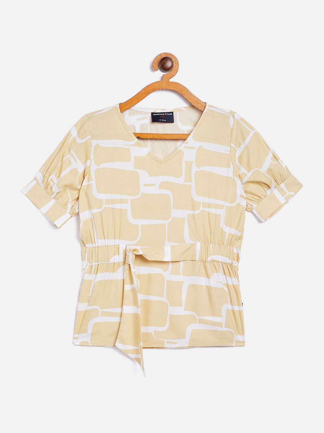 

Crimsoune Club Girls Beige & White Geometric Cinched Waist Top