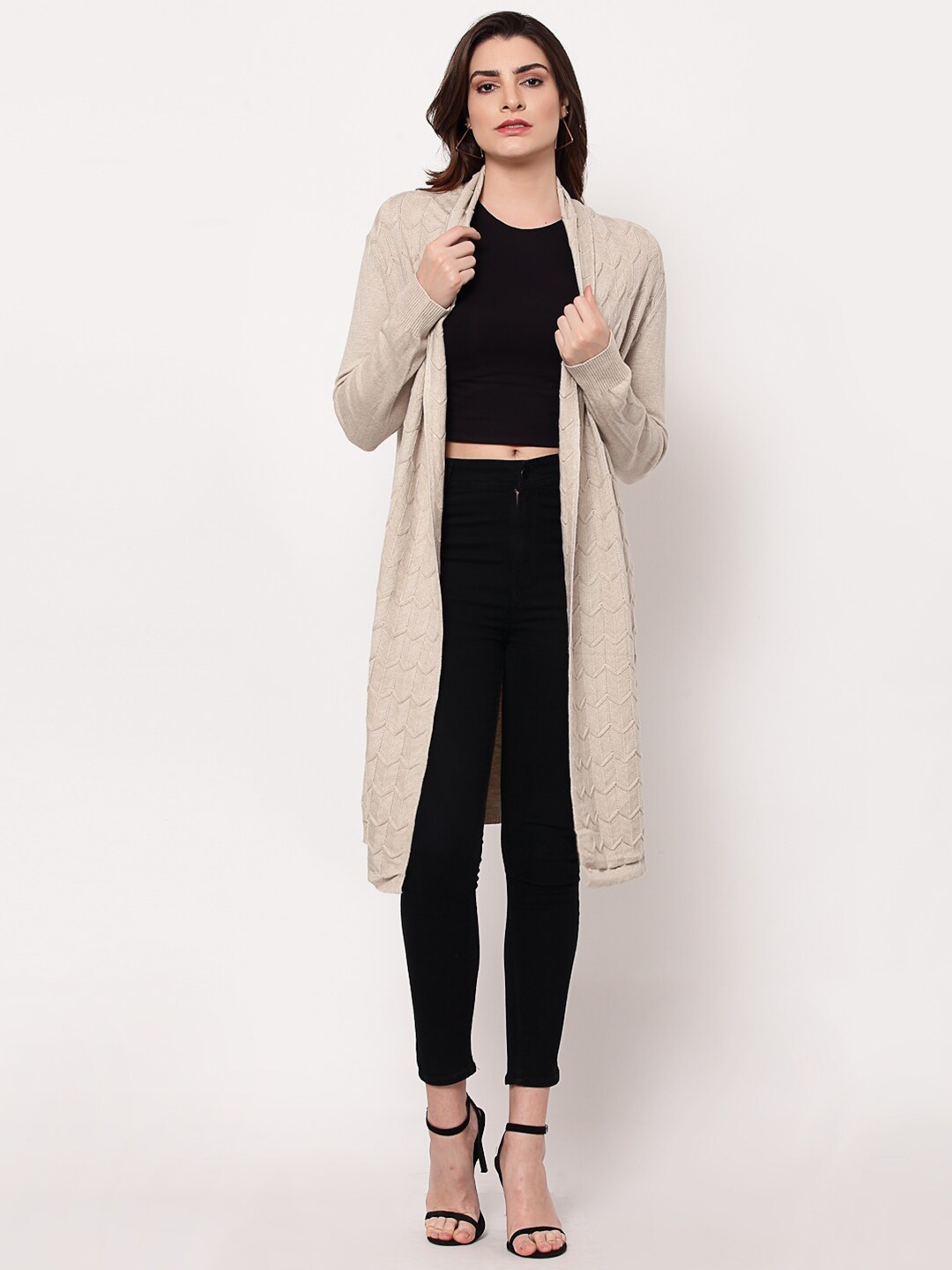 

Mafadeny Women Beige Self Design Open Front Longline Shrug