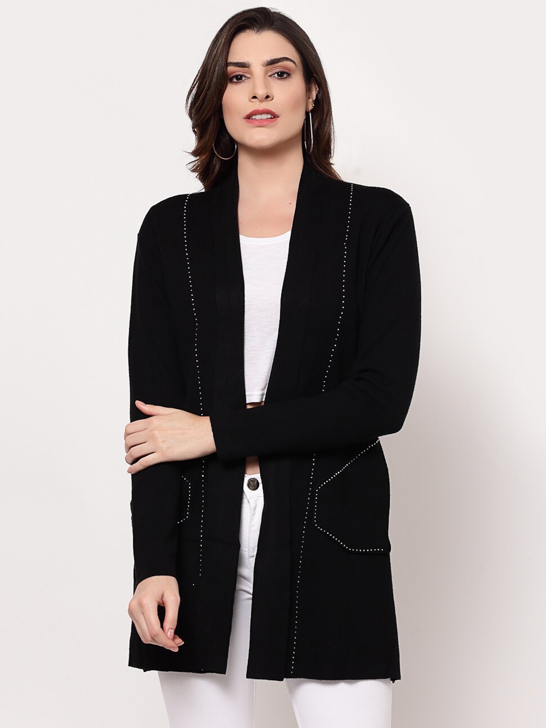 

Mafadeny Women Black Solid Longline Shrug