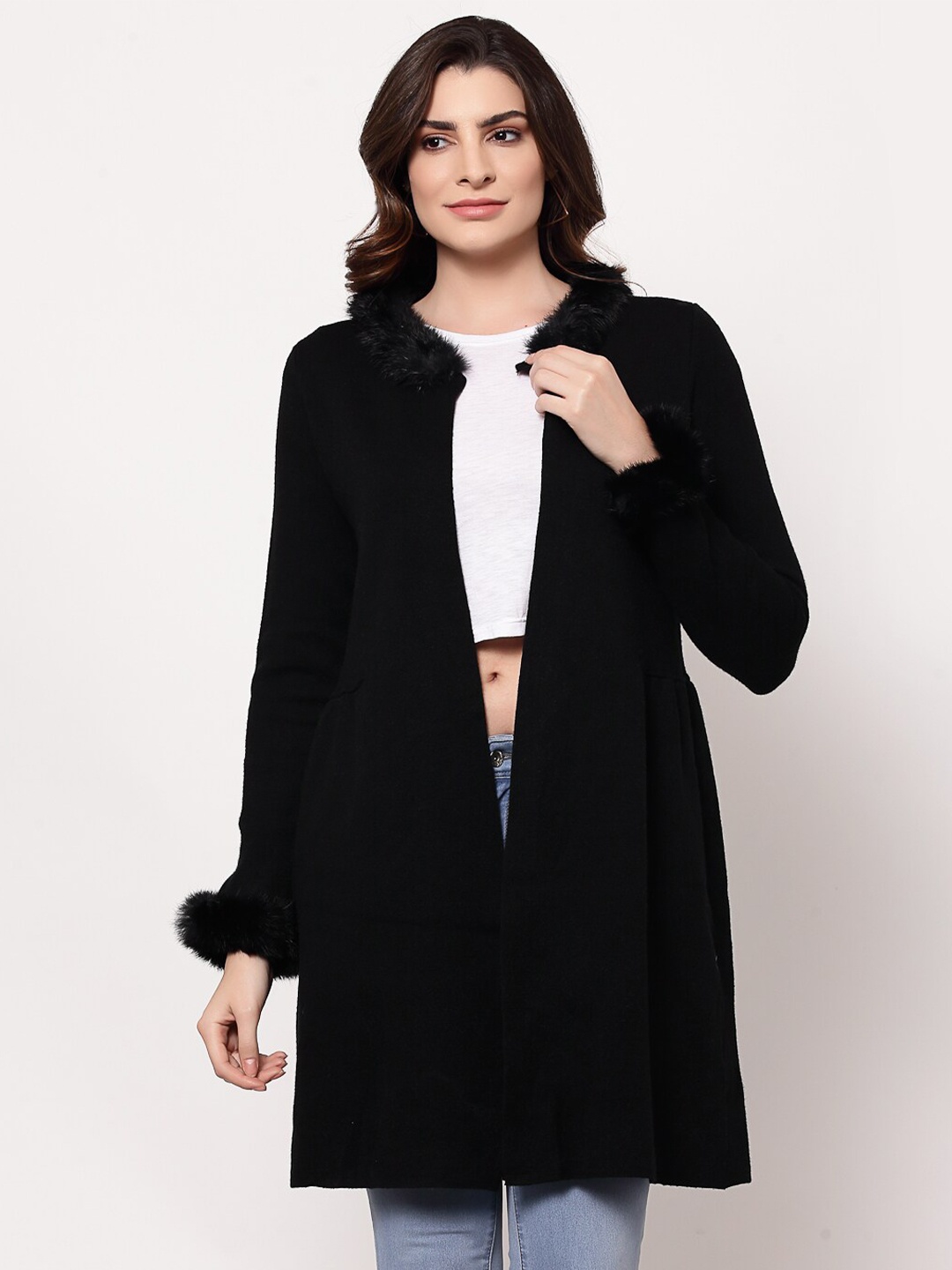 

Mafadeny Women Black Solid Longline Shrug