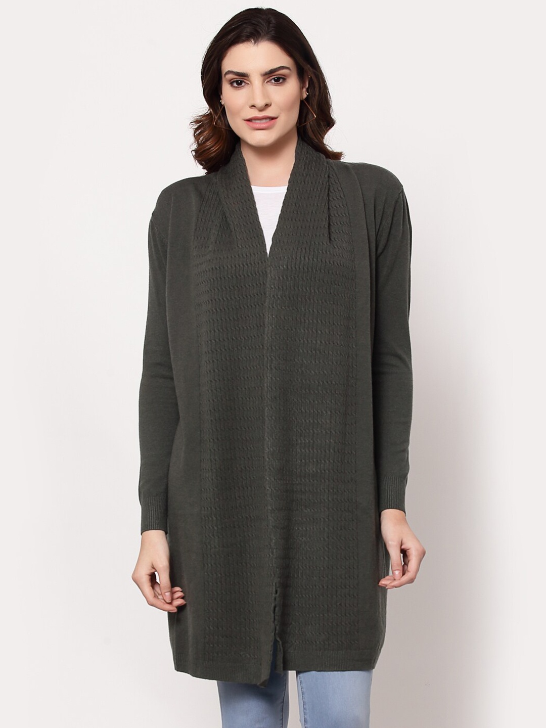 

Mafadeny Women Black Self Design Longline Shrug, Grey
