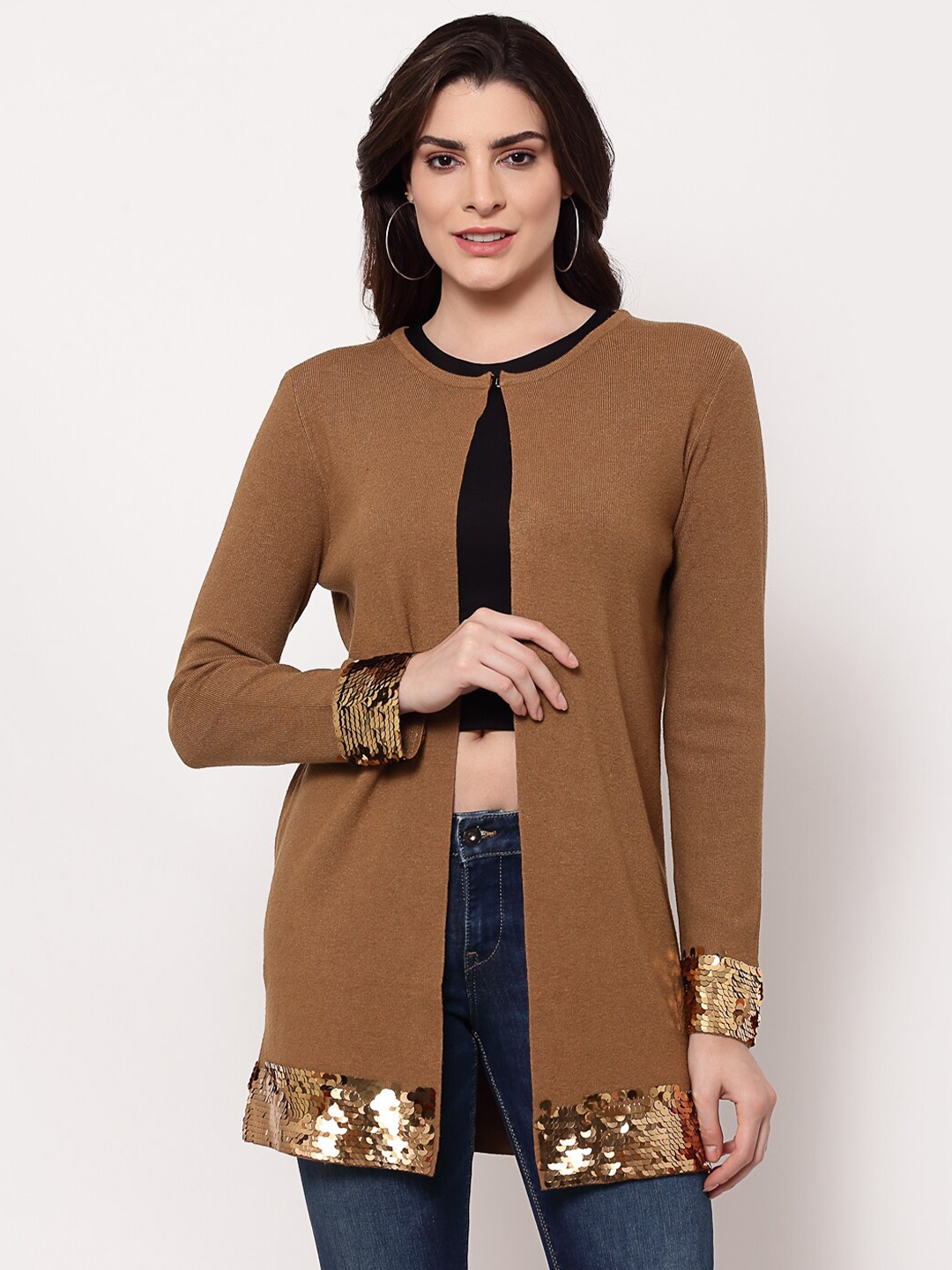 

Mafadeny Women Brown & Gold-Toned Longline Embellished Shrug