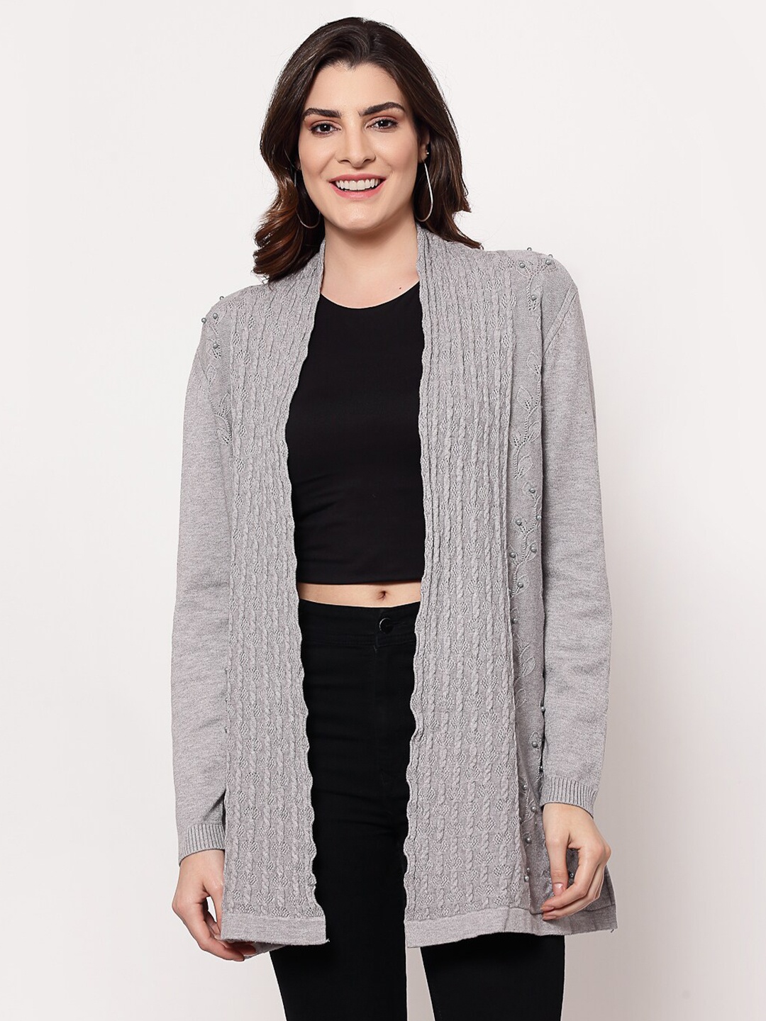 

Mafadeny Women Grey Solid Long Shrug