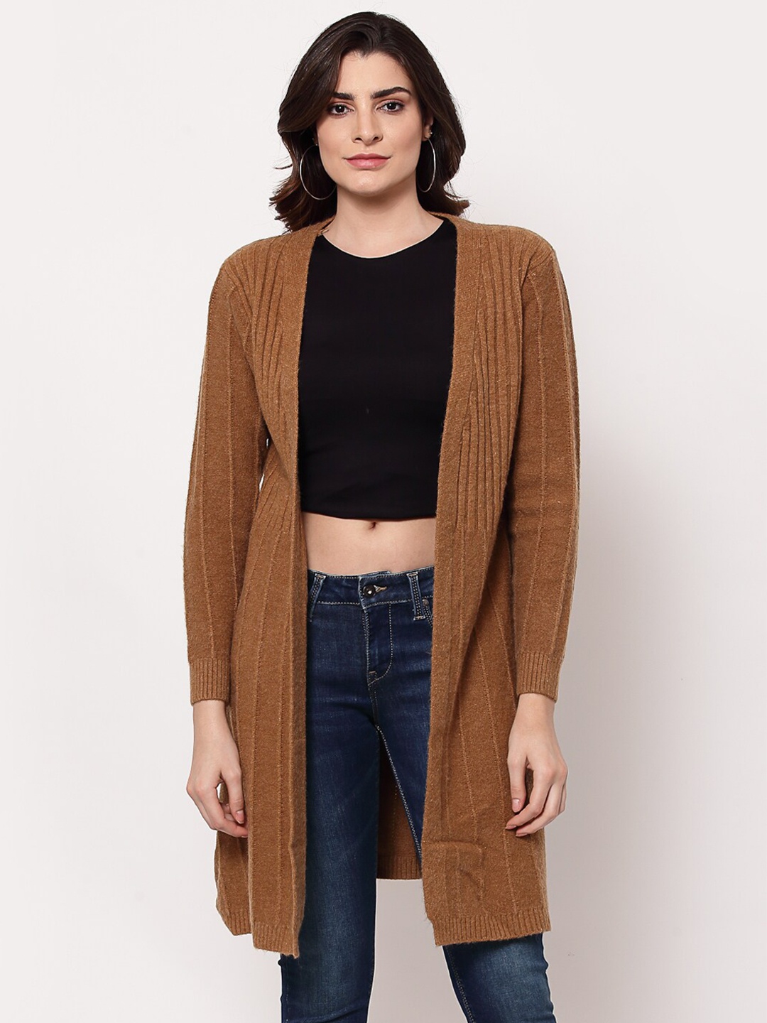 

Mafadeny Women Brown Self-Design Longline Shrug