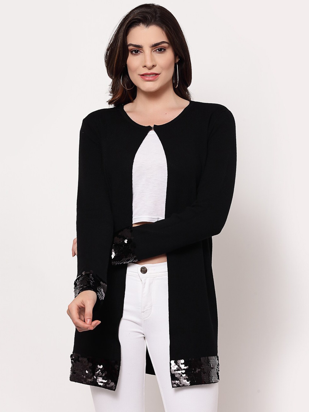 

Mafadeny Women Black Solid Embellished Open Front Longline Shrug