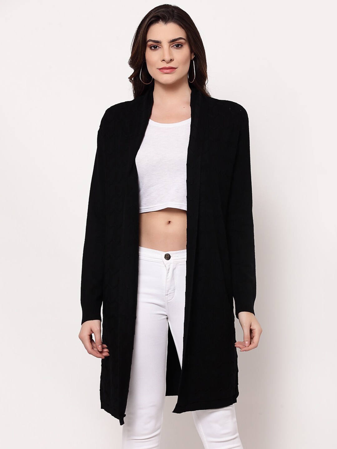 

Mafadeny Women Black Solid Longline Shrug