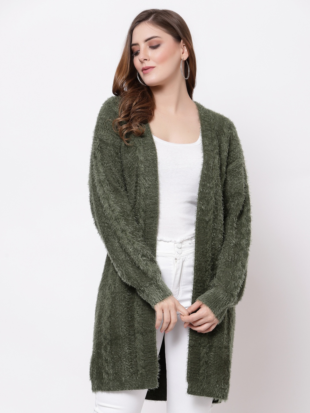 

Mafadeny Women Olive Self Design Longline Shrug
