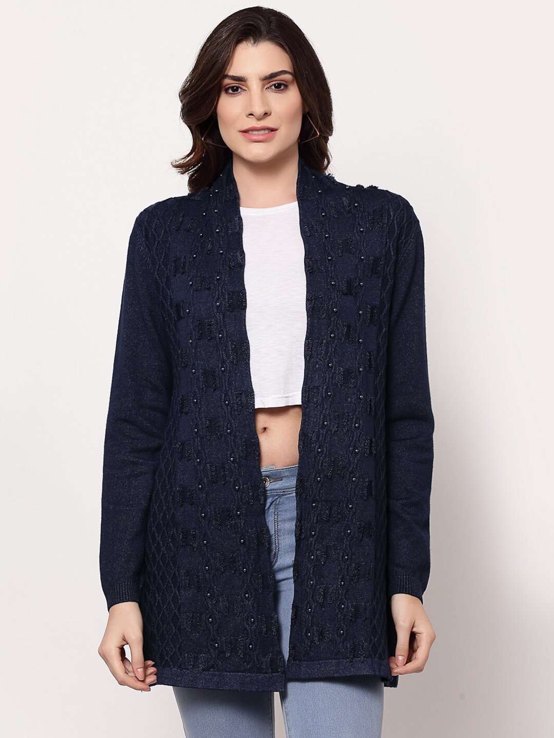

Mafadeny Women Navy Blue Longline Shrug