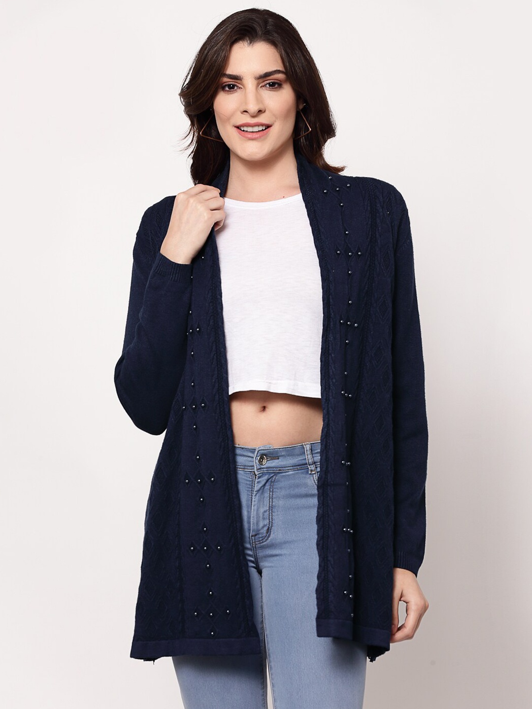 

Mafadeny Women Navy Blue Embellished Longline Shrug