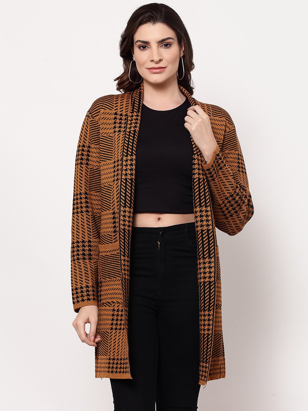 

Mafadeny Women Brown & Black Self Design Longline Shrug