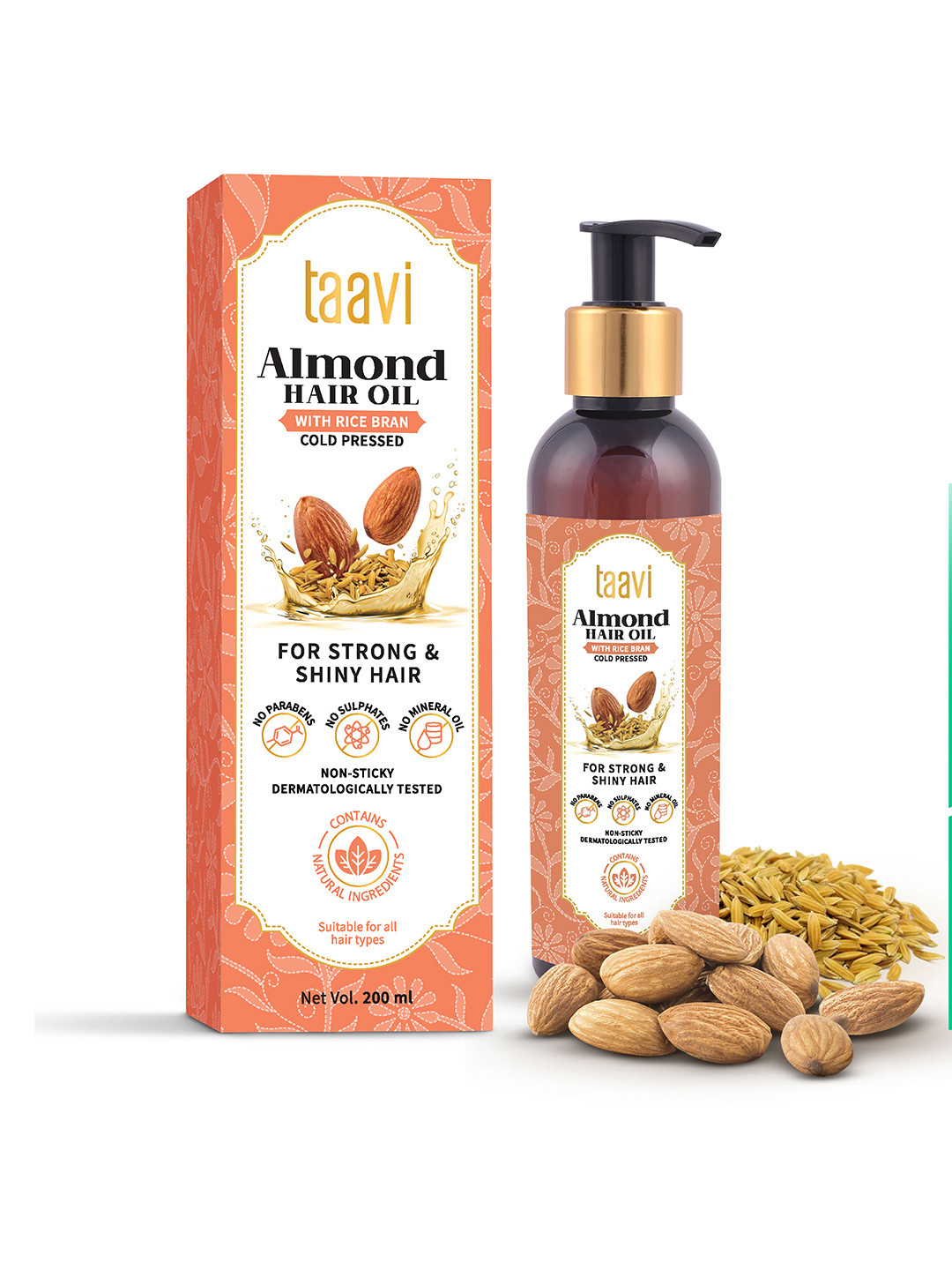 

Taavi Cold Pressed Almond with Rice Bran Hair Oil 200 ml, Brown