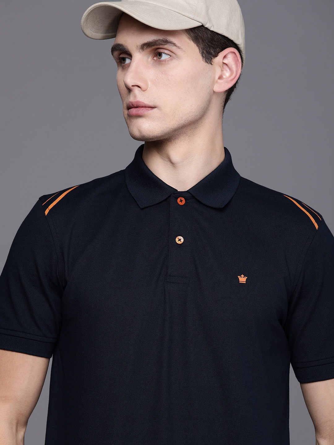 

Louis Philippe Men Navy Blue & Orange Colourblocked Polo Collar Slim Fit T-shirt