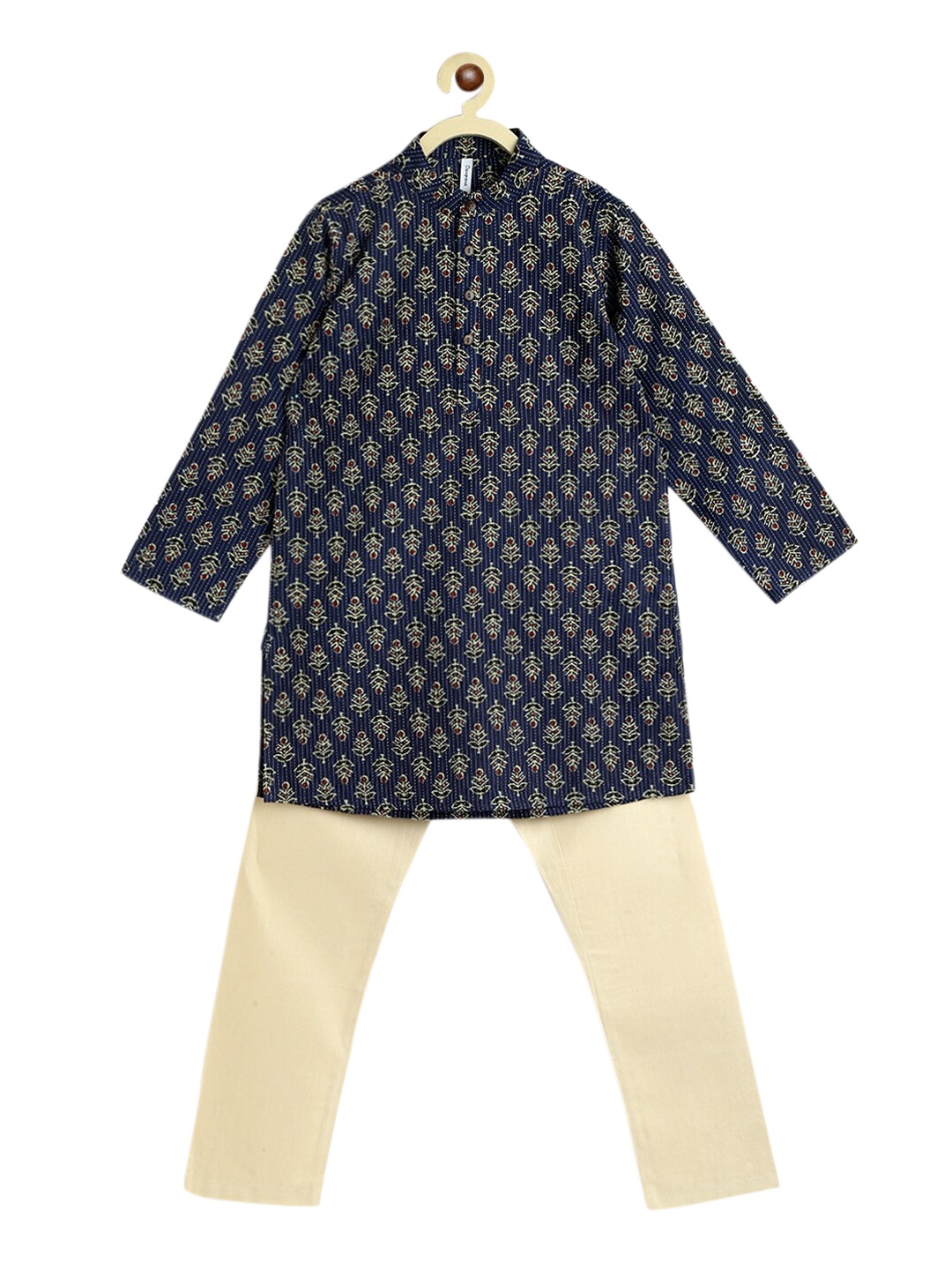 

Campana Boys Navy Blue Ethnic Motifs Printed Pure Cotton Kurta Pyjamas set