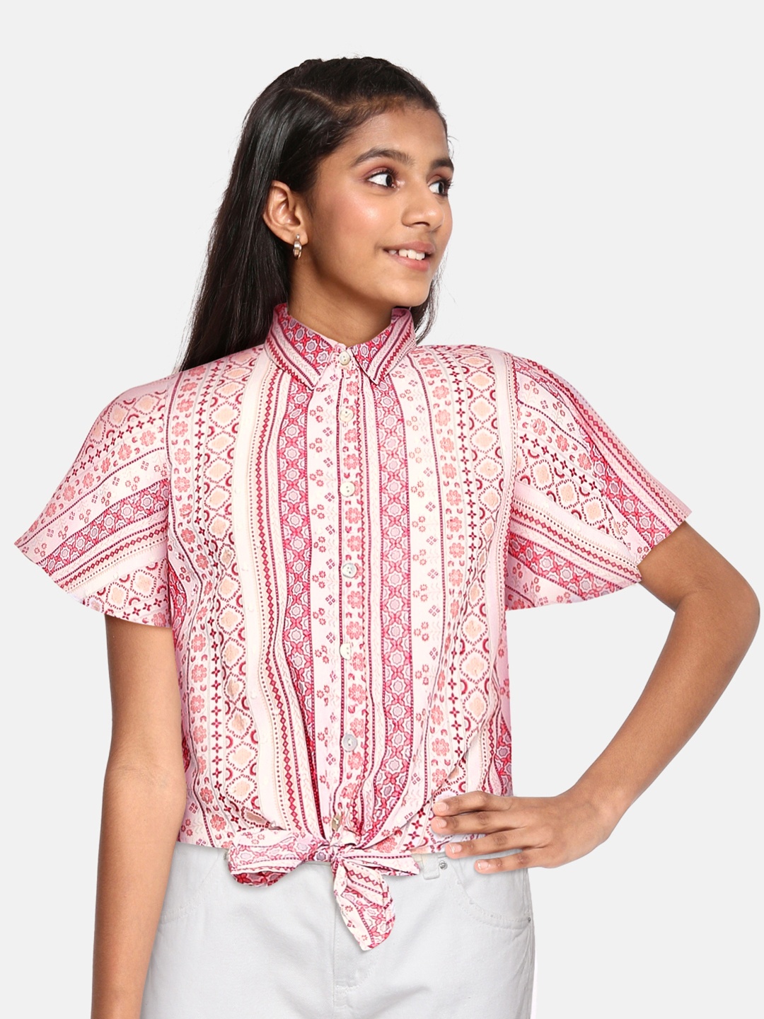 

Global Desi Girls Pink & White Printed Pure Cotton Shirt Style Top