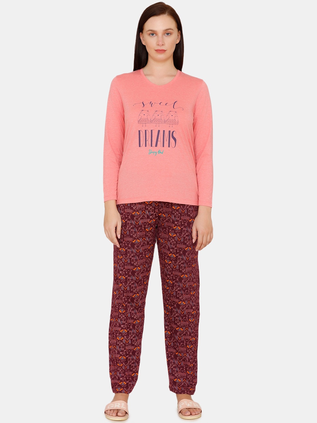

Zivame Women Coral & Maroon Printed Night Suit