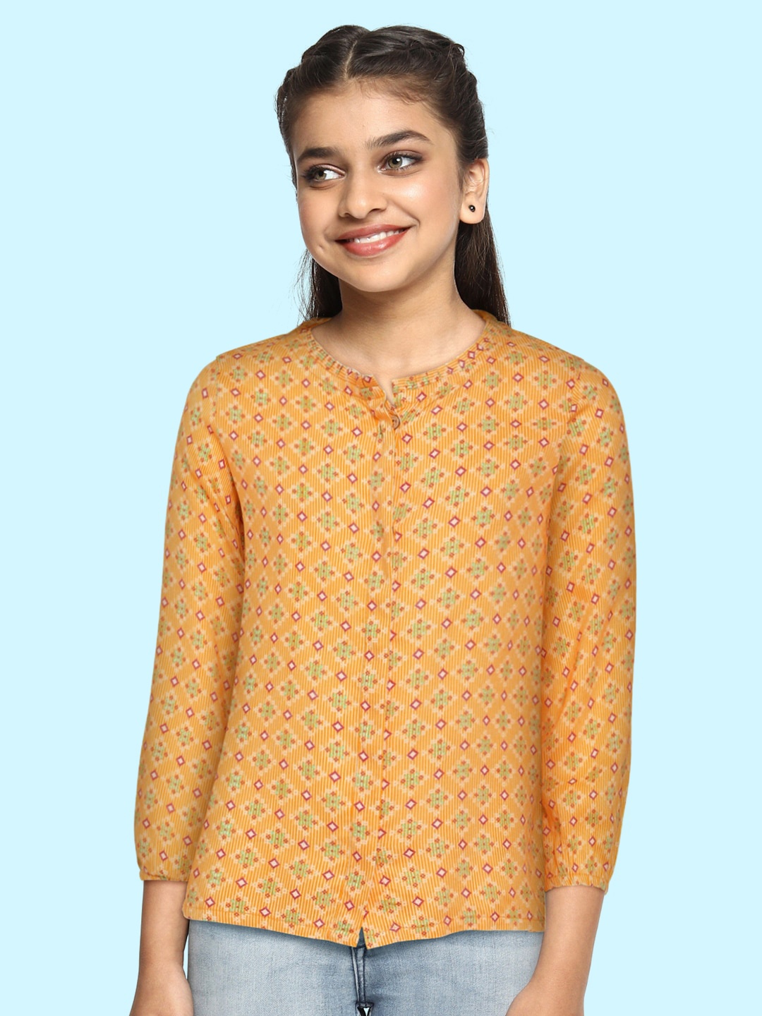 

Global Desi Girls Mustard Yellow & Red Floral Printed Pure Cotton A-Line Top