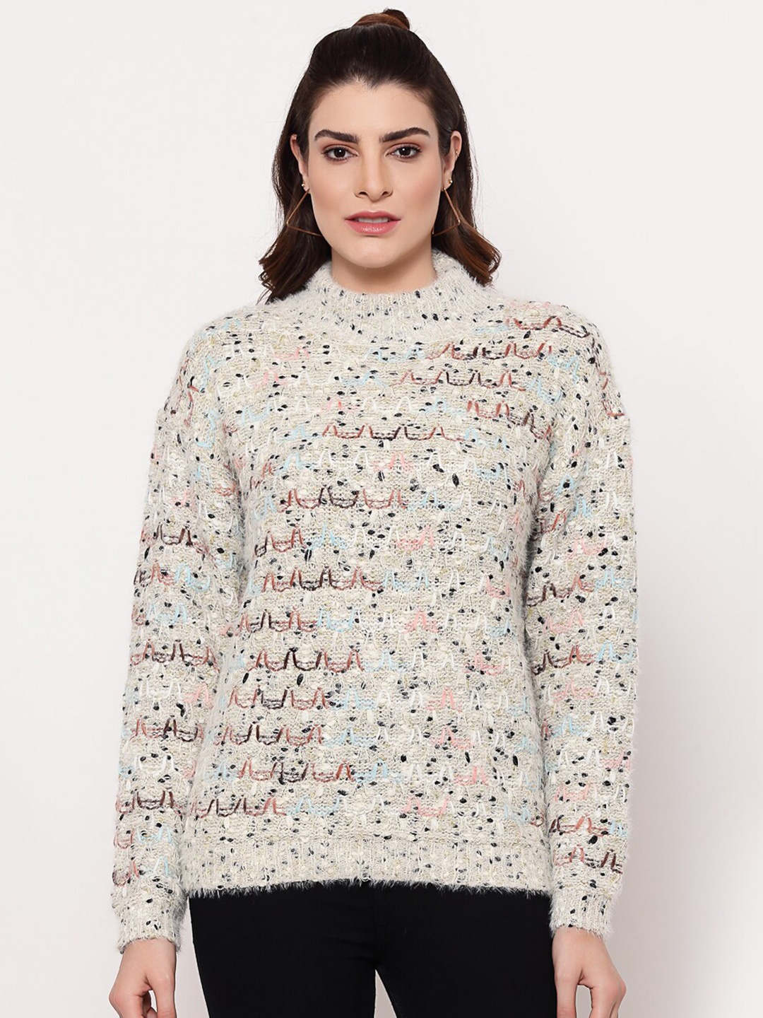 

Mafadeny Women Cream Embroidered Turtle Neck Sweater