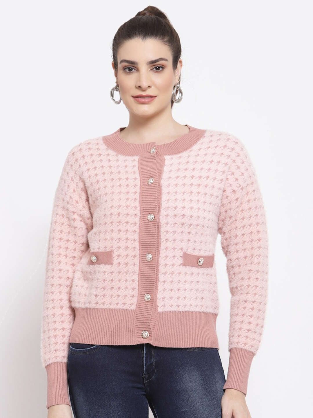 

Mafadeny Women Pink Quirky Cardigan with Button Detailing
