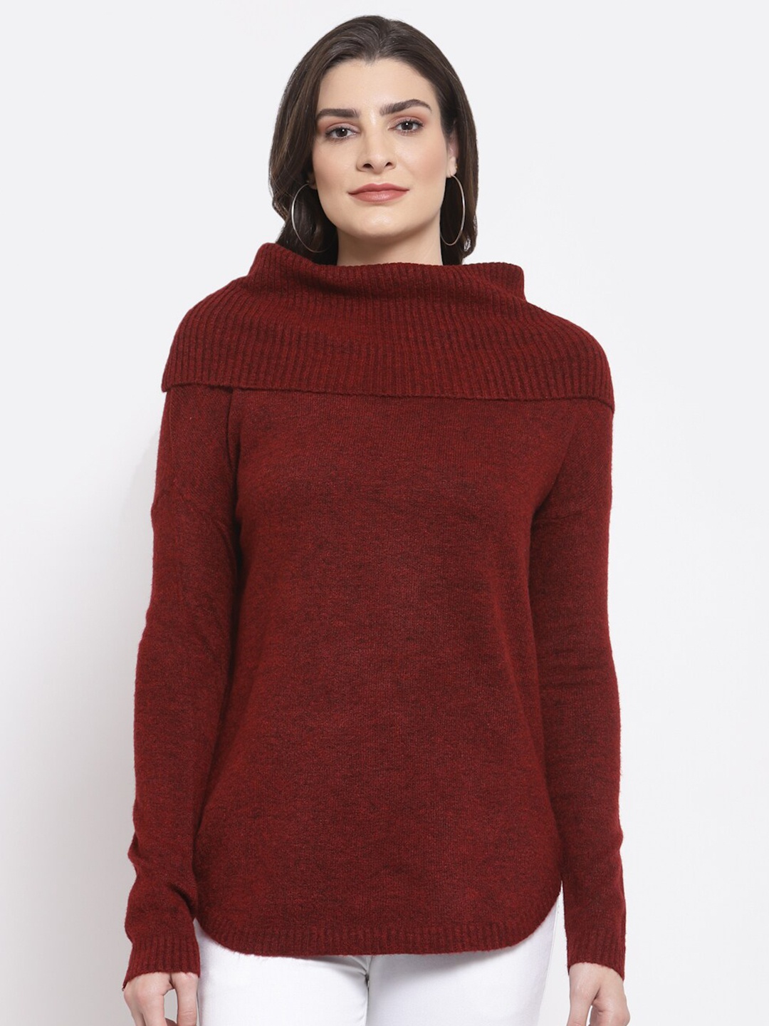 

Mafadeny Women Maroon Solid Longline Pullover