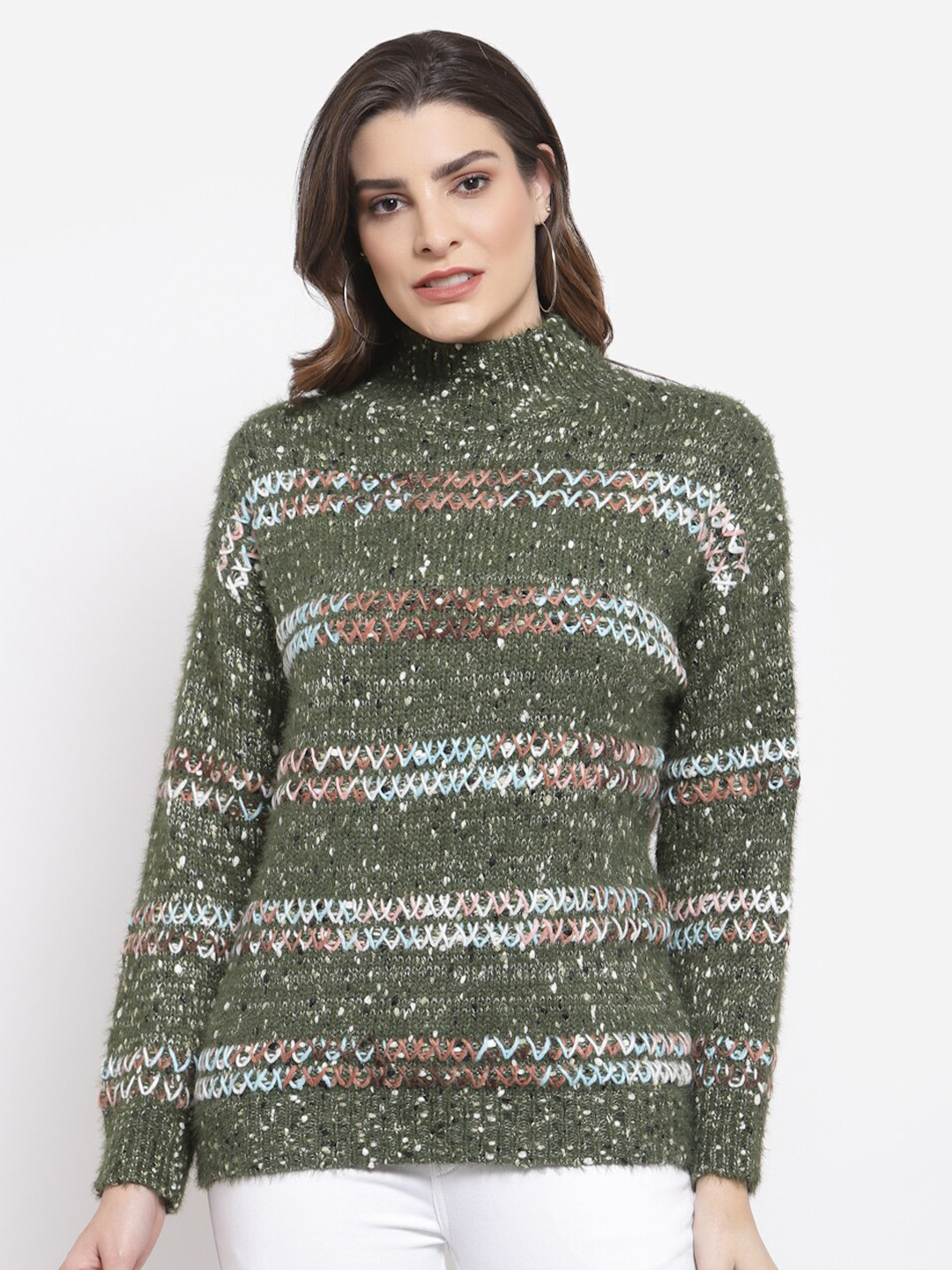 

Mafadeny Women Green & White Striped Longline Pullover