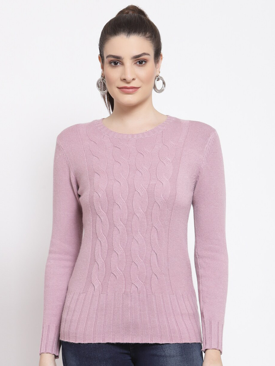 

Mafadeny Women Pink Cable Knit Pullover