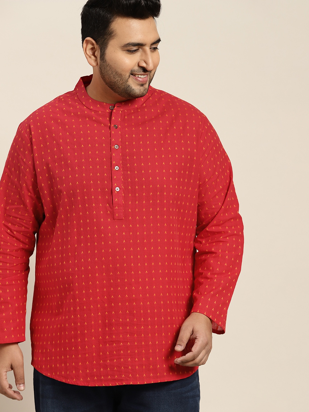 

Sztori Men Plus Size Red & Mustard Yellow Cotton Geometric Woven Design Kurta