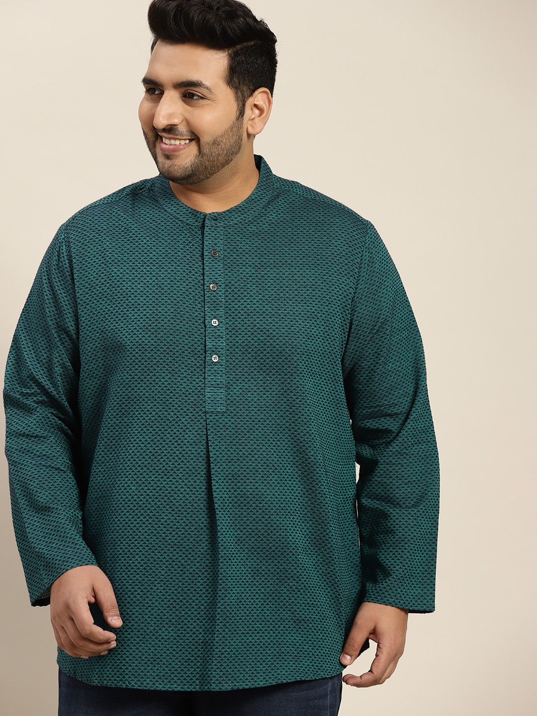 

Sztori Men Plus Size Teal Blue & Navy Blue Cotton Geometric Woven Design A-Line Kurta