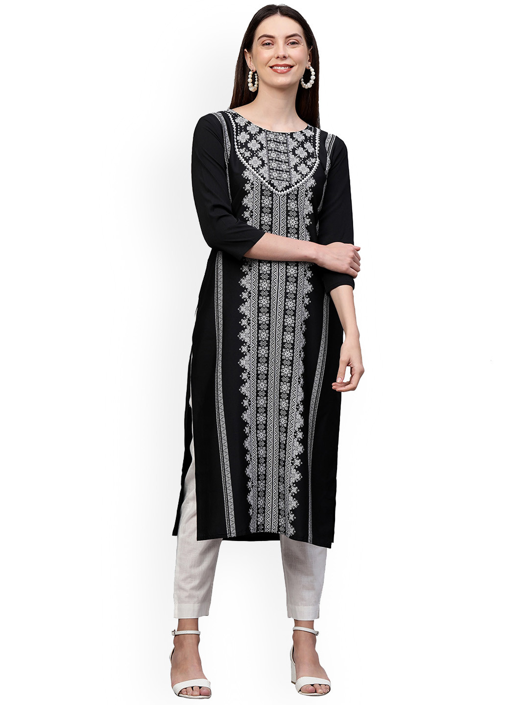 

KALINI Women Black & White Geometric Printed Straight Kurta