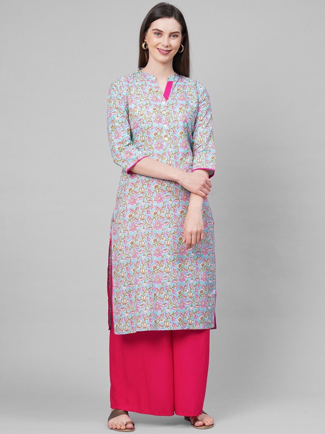 

KALINI Women Grey Floral Printed Keyhole Neck Thread Work Kurta